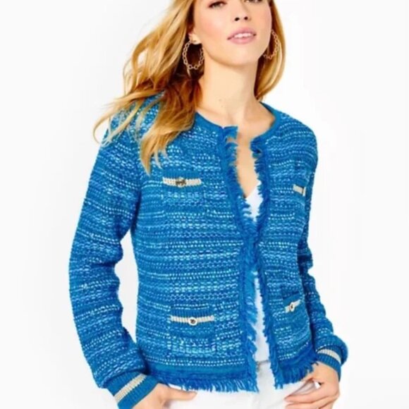 Lilly Pulitzer Beckington Cardigan in Blue Grotto Metallic Tweed